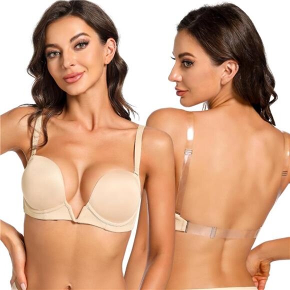 NEW - Plunge Bra with Clear Back Straps Backless Deep V Convertible Push up - Picture 1 of 8